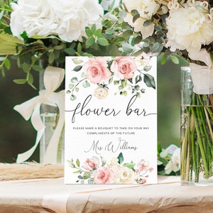 Blush Floral Flower Bar Sign, Printable Bridal Shower Bouquet Station Sign, Greenery Baby Shower Bouquet Favor Sign, Darcy Floral Pink