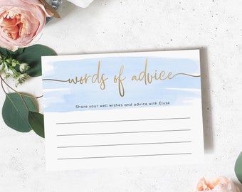 Boy Baby Shower Advice Cards, Gold Foil, Blue Watercolour (Printable)