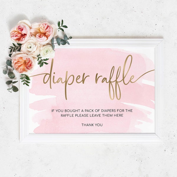 Diaper Raffle Sign, Nappy Raffle Sign, Pink Watercolour, Printable Girl Baby Shower Sign, Gold Foil Sign, DIY Baby Shower