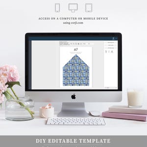 May include: A computer screen showing a digital template for an A7 envelope with a blue and white geometric pattern. The text "DIY EDITABLE TEMPLATE" is displayed below the screen. The text "edit fonts - change colours - add images" is displayed below the template title.