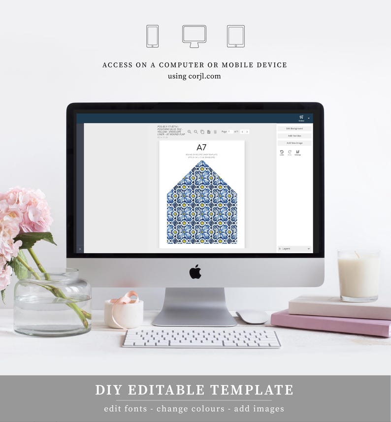 May include: A computer screen showing a digital template for an A7 envelope with a blue and white geometric pattern. The text "DIY EDITABLE TEMPLATE" is displayed below the screen. The text "edit fonts - change colours - add images" is displayed below the template title.