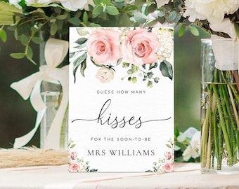 Guess How Many Kisses For The Mrs Sign and Card Template, Blush Floral, Printable Bridal Shower How Many In The Jar Game, Darcy Pink