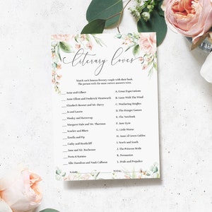 Literary Loves Game, Pink Blush Floral Bridal Shower Book Characters Game, Famous Historical Couples Game, Literary Couples Quiz, Pemberley
