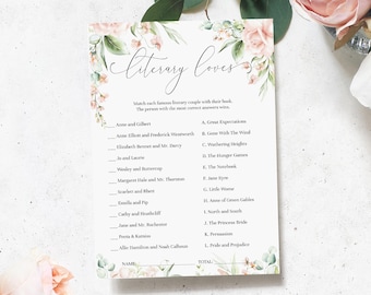 Literary Loves Bridal Shower Game, Printable Book Couples Quiz (Digital Download), Pemberly