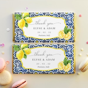 Editable Chocolate Wrappers - Positano Blue Tile Lemon Wedding Thank You Favors - Bridal Shower Favor Tag Printable - Wedding Favor Tags