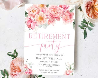 Printable Retirement Party Invitation, Pink Peony Floral, Piper
