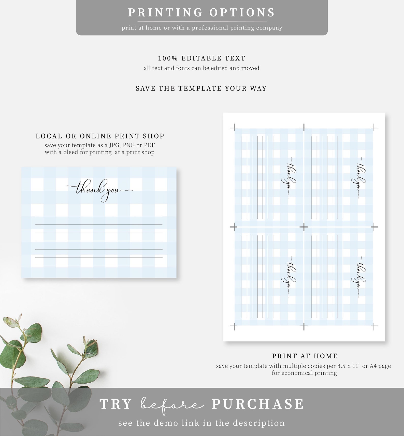 Editable Thank You Folded Card Printable Pale Blue Gingham Etsy Australia