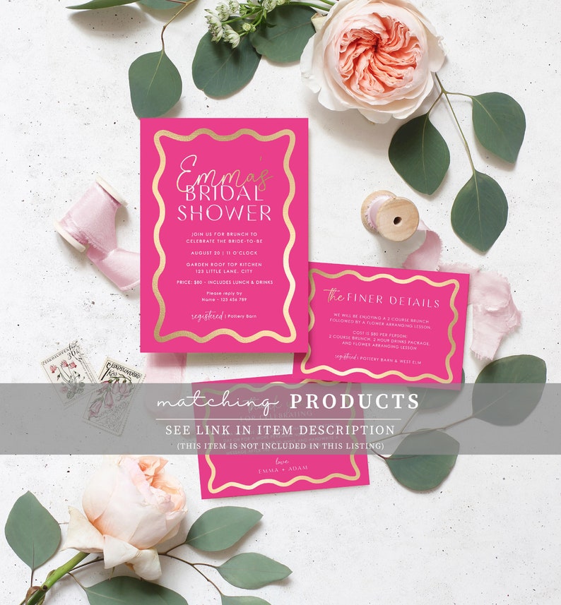 Marque-places imprimables, courbes en forme de vague, or rose vif, cartes de noms modifiables pour baby shower, cartes de table pour enterrement de vie de jeune fille soirée, cartes pour baby shower image 10