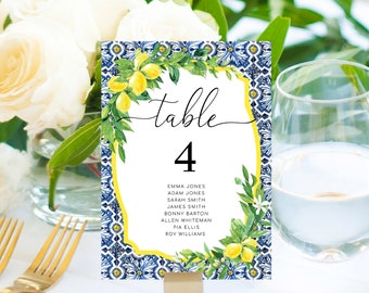 Printable Table Seating Chart Printable, Positano Blue Tile Lemons Wedding Printable Table Numbers with Guest Names, Printable Seating Plan