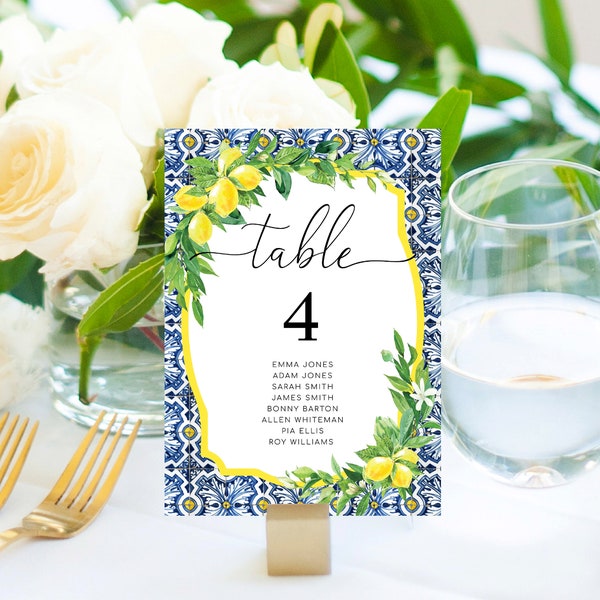 Printable Table Seating Chart Printable, Positano Blue Tile Lemons Wedding Printable Table Numbers with Guest Names, Printable Seating Plan