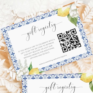 Afdrukbare QR-code cadeauregistratiekaart, digitaal huwelijkscadeauregister, bruidsdouchecadeauregister, mediterrane blauwe tegelcitroenen, de Med