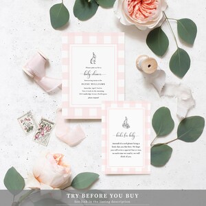 May include: Pink and white gingham baby shower invitation with a bunny illustration and the text "Please join us for a baby shower honoring mom to be Elyse Williams Saturday April Twelve Ten o'clock in the morning 100 Cambridge Street, Paddington please respond". A second card with the same gingham pattern has a bunny illustration sitting on a stack of books and the text "books for baby Instead of a card please bring a book that you like best. We hope you will write a special love or two, so each time we read it, we will think of you."