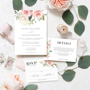 Plantilla de invitación de boda editable - Postal RSVP - Invitación de boda imprimible con flores ruborizadas - Descarga instantánea - Darcy Floral