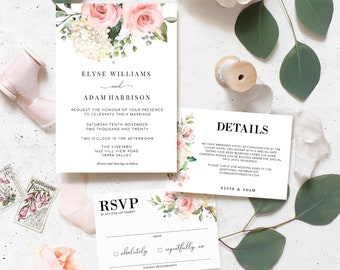 Modèle de suite d’invitation de mariage modifiable - Carte postale RSVP - Invitation de mariage imprimable Blush Floral - Téléchargement instantané - Darcy Floral