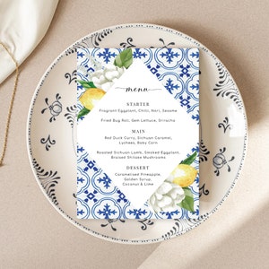 Śródziemnomorski niebieski kafelkowy edytowalny szablon menu - Cytryny - Wydrukuj menu kolacji weselnej - The Med