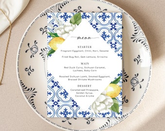 Mediterranean Blue Tile Editable Menu Template - Lemons - Printable Wedding Dinner Menu - The Med