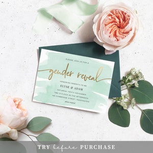 Mint Green Gender Reveal Invitation Template - Gold Foil - Gender ...