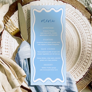 Editable Menu Template, Blue Baby Shower Table Menu, Printable Editable Baby Brunch Menu, Baby Boy Shower Menu, Modern Curvy Wave Line