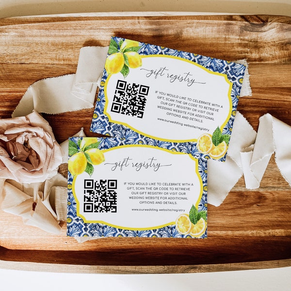 Printable QR Code Gift Registry Card, Italian Lemon Positano Blue Tile, Editable Wedding Online Gift Registry Card, Wedding Present Registry