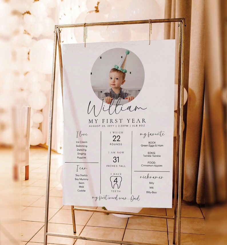 Minimalist Photo First Birthday Milestone Board, Baby's First Year Milestone Poster, 1st Birthday 12 Months Milestone Photo Banner Sign