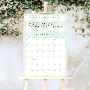 Guess The Arrival Date Game Sign, Green Gingham Check, Printable Guess The Due Date Baby Shower Sign, Birthday Date Calendar Guessing Game