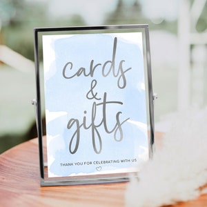 Cartes à imprimer et panneaux cadeaux - aquarelle bleue et panneau de baby shower garçon argent argenté - panneau de table cadeau imprimable - panneau de table cadeau