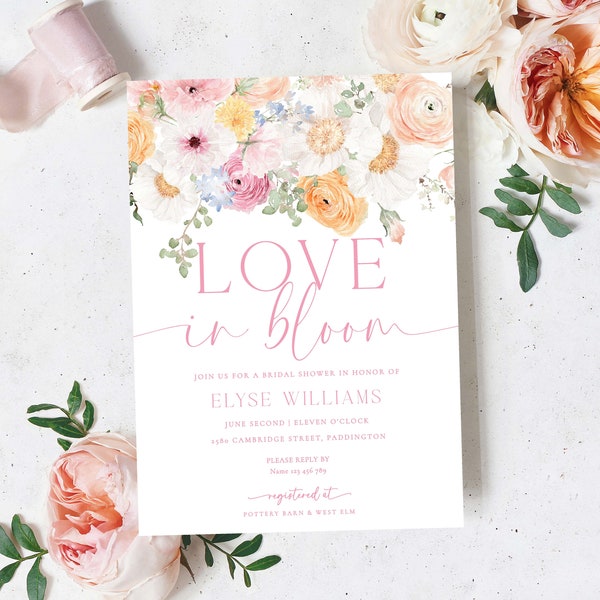 Love In Bloom Bridal Shower Invitation Template, Printable Spring Floral Bridal Shower Invite, Pink Wildflower Floral Bridal Shower, Millie