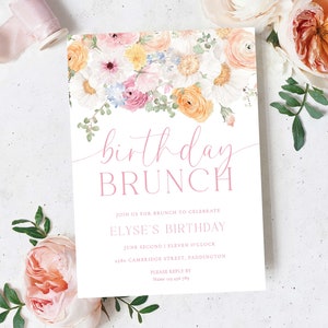 Invito stampabile per il brunch di compleanno, invito per la festa di compleanno delle ragazze, invito per il pranzo di compleanno con fiori primaverili rosa, invito per la festa di compleanno, Millie