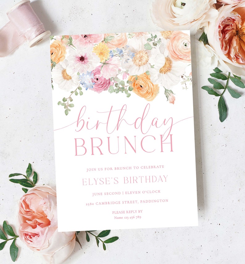 Birthday Brunch Party Invitation, Girls Birthday Party Invitation, Pink Spring Floral Birthday Lunch Invite, Birthday Party Evite, Millie