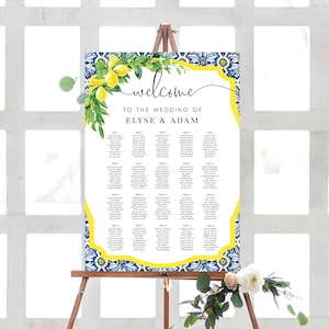 Positano Blue Tile Lemon Wedding Table Plan, Italian Theme, Editable Seating Chart Template, Seating Plan Poster, Guest List Seating Sign