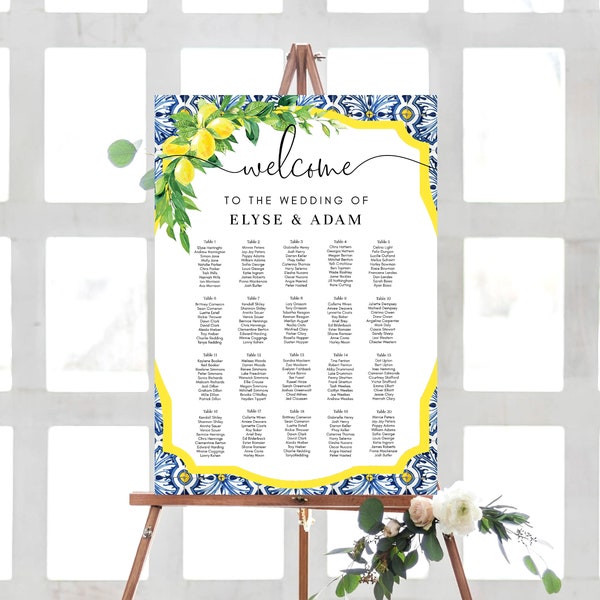 Positano Blue Tile Lemon Wedding Table Plan, Italian Theme, Editable Seating Chart Template, Seating Plan Poster, Guest List Seating Sign