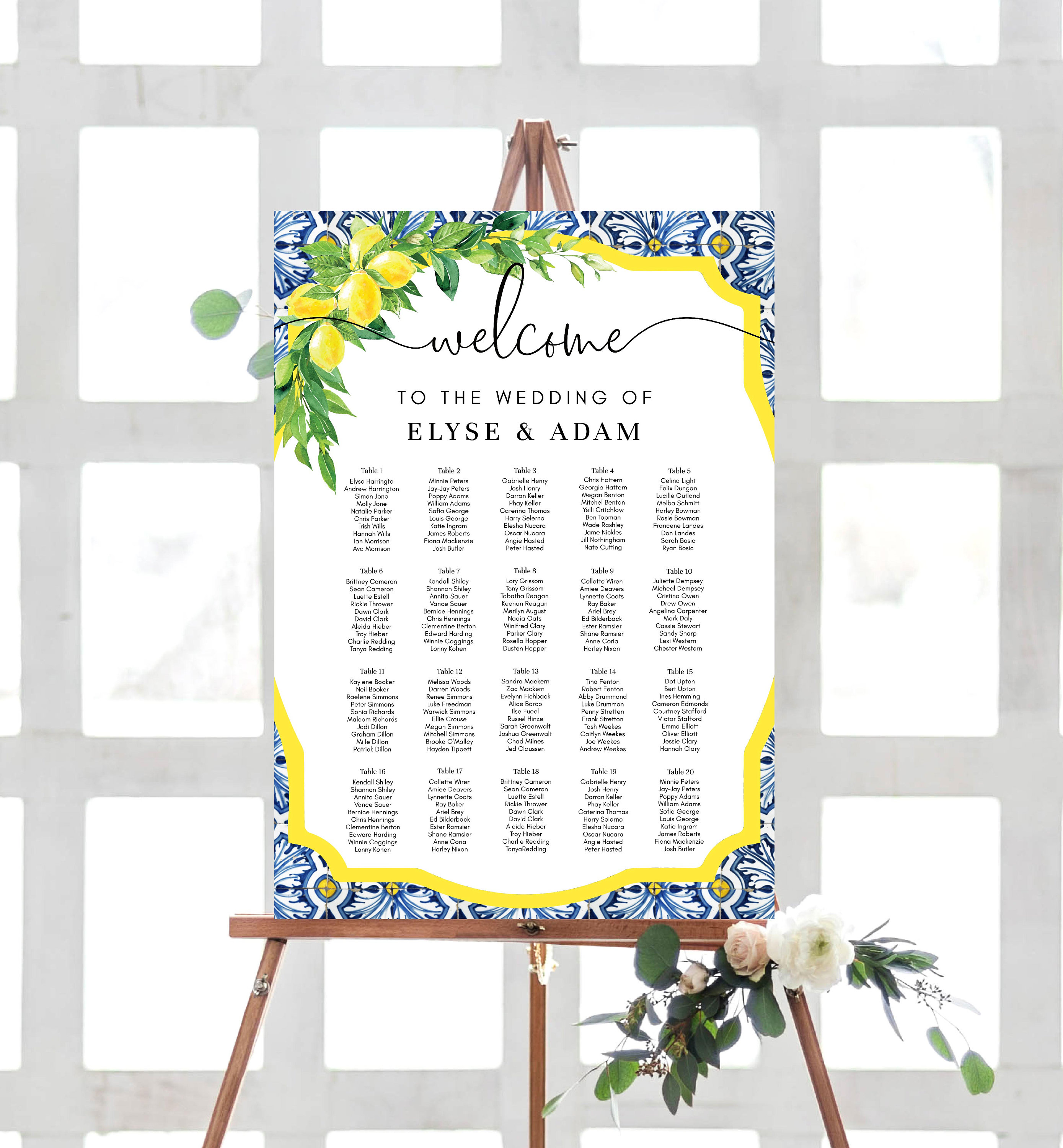 Positano Blue Tile Lemon Wedding Table Plan Italian Theme Etsy Polska