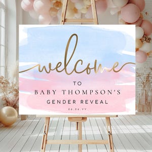 Printable Welcome Sign, Pink Blue Watercolour Gender Reveal Party Welcome Sign, Gender Neutral Baby Shower Welcome Sign, Gold