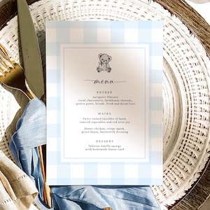 Plantilla de menú a cuadros vichy azules, menú de mesa para baby shower azul, plantilla de menú imprimible, osito de peluche, baby shower de niño