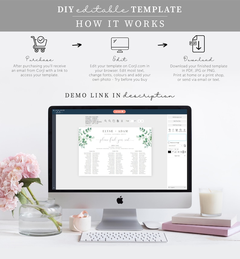 Editable 3 Long Tables & Bridal Seating Chart, Greenery Wedding Banquet Tables Plan, Welcome Seating Chart Sign, Seating Plan Poster, Ferras image 5