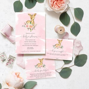 Oh Deer-Babyparty-Einladung, Bücher für Baby, Windel-Los, Detailkarte, bearbeitbares Waldthema Mädchen-Babyparty
