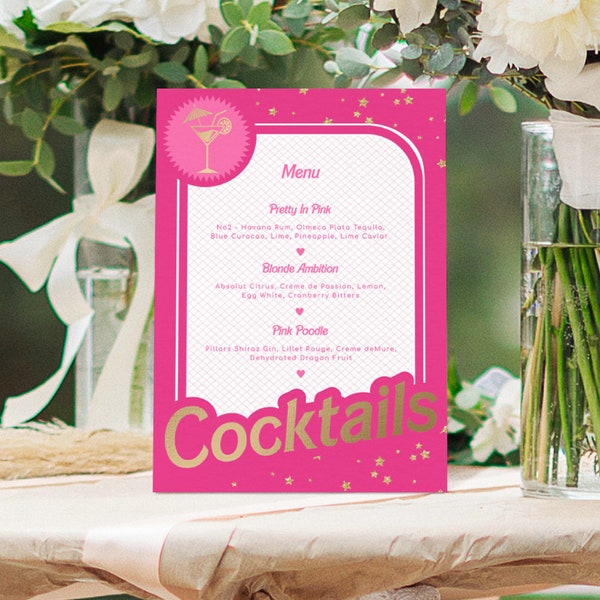 Cartello menu cocktail stampabile, menu bevande, menu bevande festa di compleanno, lamina d'oro rosa caldo, menu cibo, menu festa bambola