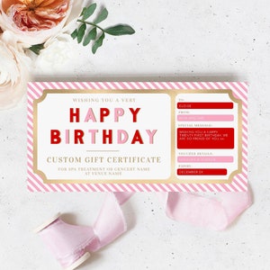 Happy Birthday Custom Gift Voucher Template, Printable Birthday Gift Certificate, Gift For Her Printable Birthday Gift Coupon, Pink Stripe