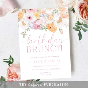 May include: A floral birthday brunch invitation with pink and white flowers. The text reads "birthday brunch" in pink script and includes the details "Join us for brunch to celebrate Elyse's birthday, June second | eleven o'clock, 2580 Cambridge Street, Paddington. Please reply by Name 123 456 789".