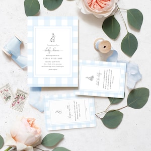 Blaue Gingham Kaninchen-Baby-Dusche druckbare Einladung Set, Bücher für Baby-Karte, Windel Lotte, Baby BBQ Evite