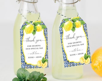 Positano Blue Tile Lemon Thank You Favor Tag, Italian Lemon Bridal Shower Favor Tag, Printable Wedding Favor Tags, Baby Shower Favor Tags