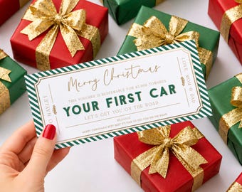 First Car Gift Voucher, Printable Christmas Money Gift, Editable Certificate Template, Green Stripe