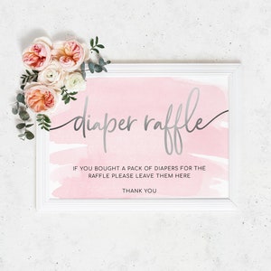 Windel-Verlosung und Raffle-Los, Rosa Aquarell Silber druckbare Rosa Baby-Dusche-Windel-Los und Schild, DIY-Baby-Dusche