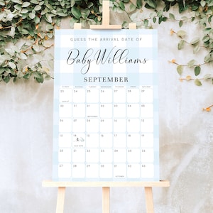 Guess The Arrival Date Game Sign, Blue Gingham Check, Printable Guess The Due Date Baby Shower Sign, Birthday Date Calendar Guessing Game
