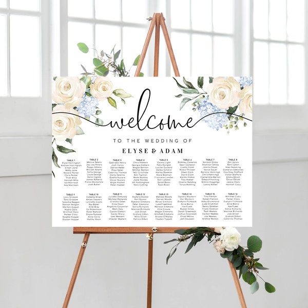 Printable Wedding Table Plan, Editable White Rose Floral Seating Chart Template, Guest List Seating Plan Poster, Darcy Floral White