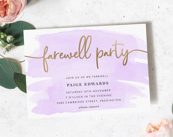 Lilac Farewell Party Invitation - Goodbye Party Invitation - Printable Editable Corjl Template - Gold Foil - Pastel Purple Watercolour