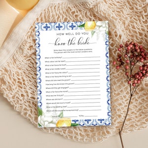 How Well Do You Know The Bride Game - Mediterranean Blue Tile Lemons Bridal Shower - Hen&#39;s Party Games - Greece - Capri - The Med