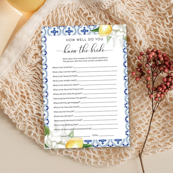 How Well Do You Know The Bride Game - Mediterranean Blue Tile Lemons Bridal Shower - Hen's Party Games - Greece - Capri - The Med