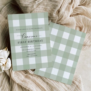Sage Green Gingham Boy Birthday Invitation, Printable BBQ First Birthday Invite, Editable Male Birthday Invitation, Fall Autumn Birthday
