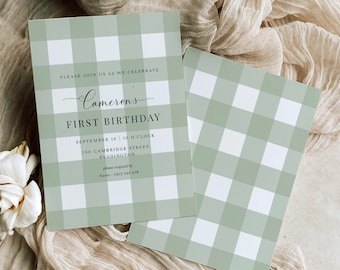Sage Green Gingham First Birthday Invitation, BBQ Party (Printable)